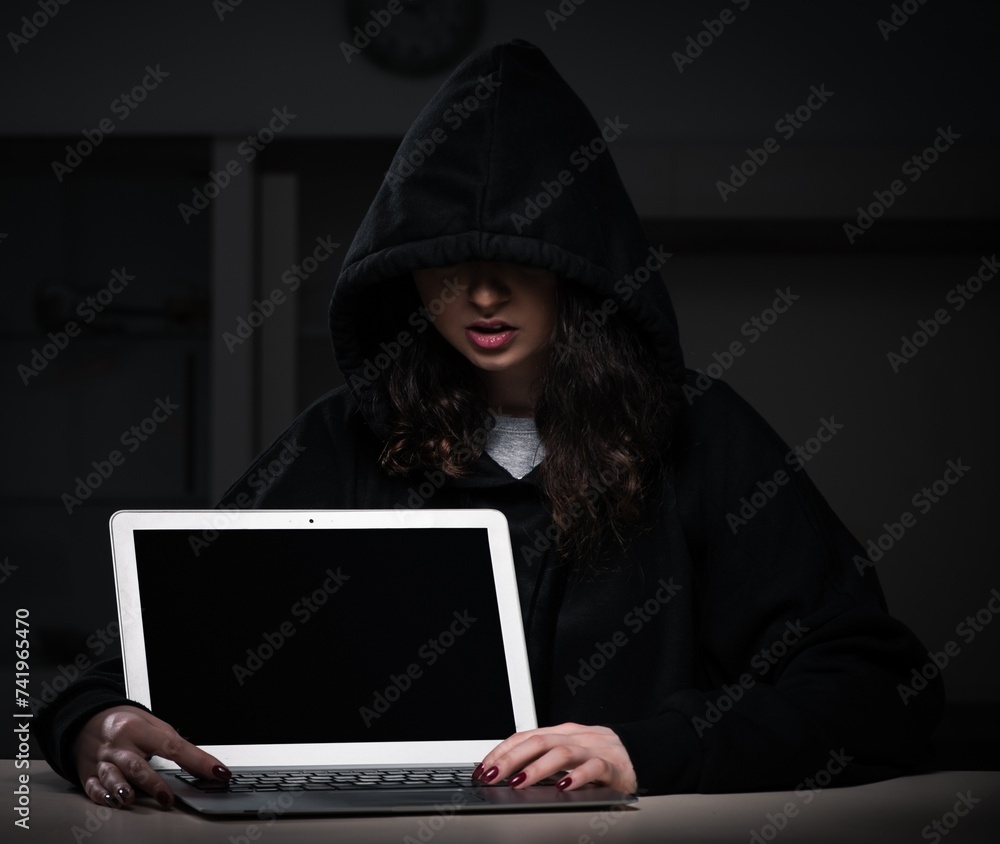 Poster female hacker hacking security firewall late in office