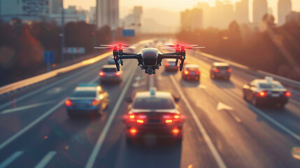 Eco-Friendly Transportation: Highlight the environmental benefits of autonomous vehicles with images of electric-powered self-driving cars and drones. Generative AI - obrazy, fototapety, plakaty