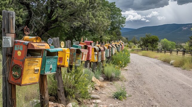 colorful antique mailboxes on the side of the road