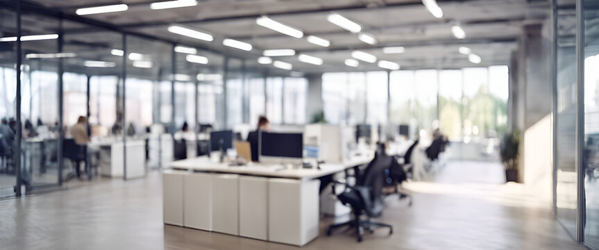 Contemporary Workplace Vibe: Blurred Open Space Office with Urban Chic Design, Inspiring Creativity and Professional Excellence - Blurred Open Space Office with People - Abstract Light Background
