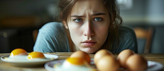 A woman is seated at a table, with a variety of eggs in front of her. She appears cautious, possibly due to a known allergy to eggs, and is not engaging with the food. - obrazy, fototapety, plakaty