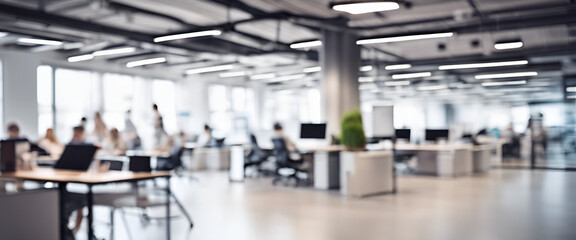 Corporate Fusion: Blurred Open Space Office Seamlessly Blending Architecture and Modern Design, A Dynamic Setting for Teamwork - Blurred Open Space Office with People - Abstract Light Background