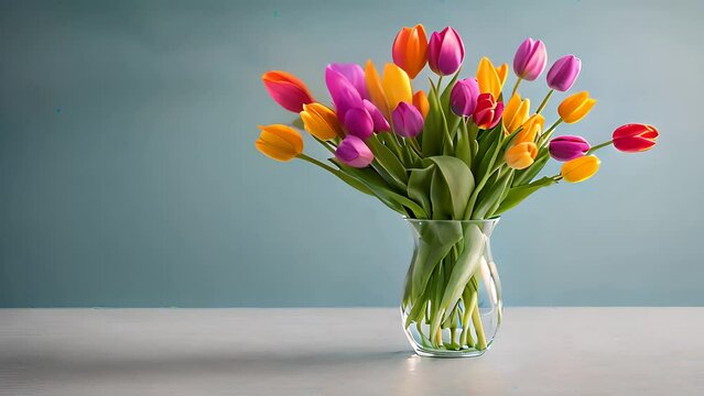 Glass vase on a table filled with vibrant tulips in various colors