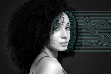 Creative black color collage of lady access in virtual reality account future innovation with face...