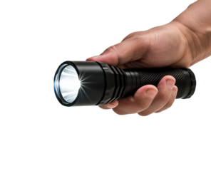 Hand holding flashlight over isolated transparent background