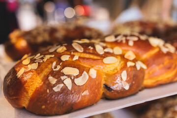Tsoureki, Traditional Greek Easter Bread, greek freshly baked cake in Athens, Greece, with almond,...