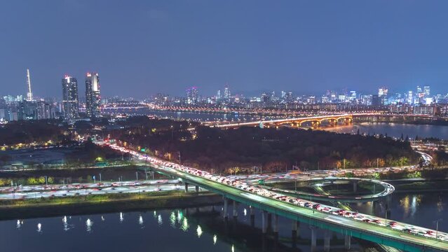 Seoul South Korea time lapse, city skyline night at Han River and Seoul Forest view from Eungbongsan Park in autumn