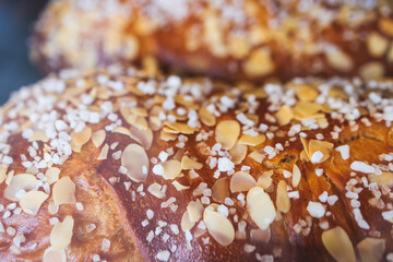 Tsoureki, Traditional Greek Easter Bread, greek freshly baked cake in Athens, Greece, with almond,...