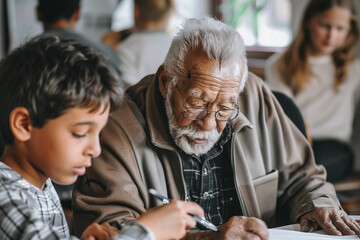 An older individual mentoring a younger person, with both engaged in a learning or teaching activity. This symbolizes the passing on of knowledge, support, and collaboration across generations - obrazy, fototapety, plakaty