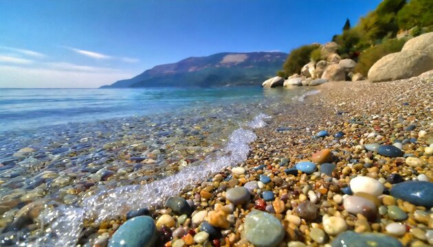 his image showcases a beautiful pebble beach with rocks and stones scattered across