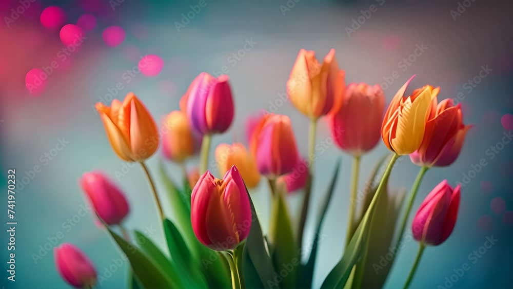 Poster vase is overflowing with vibrant pink and yellow tulips, creating colorful and dynamic display of sp