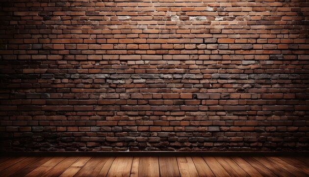 An empty room with a brown brick wall and hardwood flooring, creating a beautiful contrast between the brickwork and wood pattern