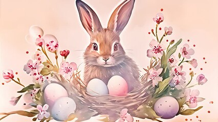 Watercolor painting of easter rabbit sitting in a nest surrounded by eggs