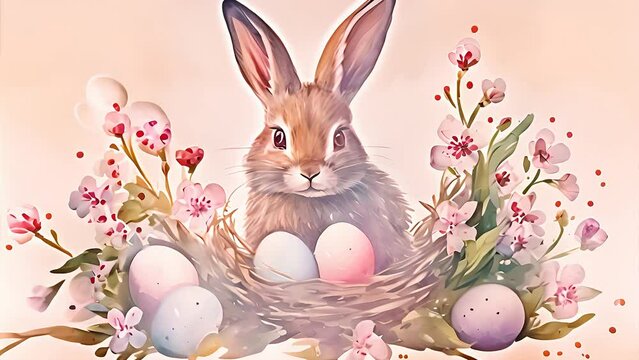 Watercolor painting of easter rabbit sitting in a nest surrounded by eggs