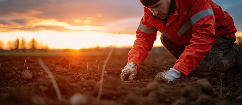 A man kneeling down in a field of dirt, collecting soil samples for environmental research and certification at sunrise.