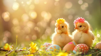 Fotobehang easter chicken and eggs © Jeanette