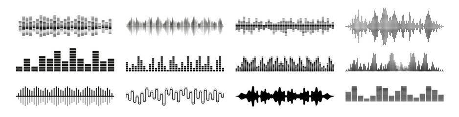 Black sound waves. Waveform pattern for music player, podcast, voise message, music app