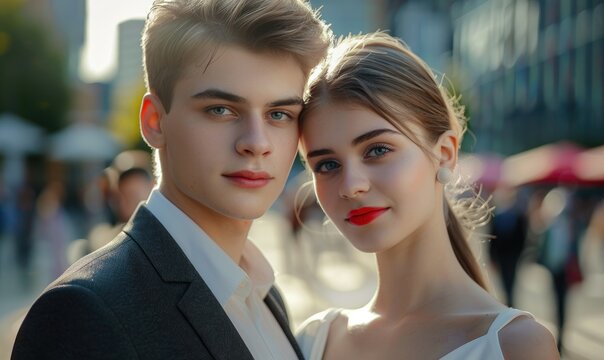 A young handsome man in a suit with an elegant young lady in a white dress with red lips. Romantic style of a love story film