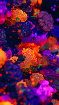 Glowing jellyfish on luminiscent coral reef, underwater life.
