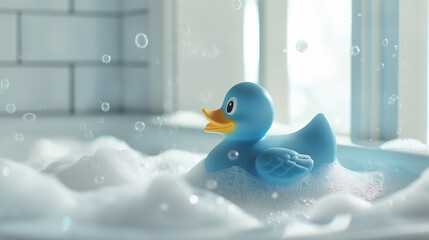 Blue rubber duck floating in bath with soap foam and bubbles