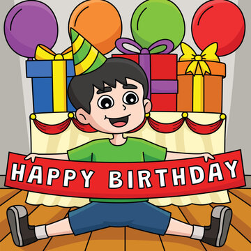 Boy with a Happy Birthday Banner Colored Cartoon