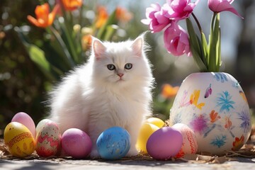 Cute white persian kitten with easter flowers and easter eggs