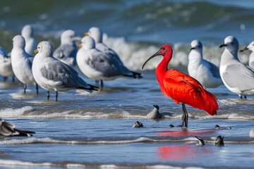 Obraz premium Scarlet ibis (Eudocimus ruber) on the beach 