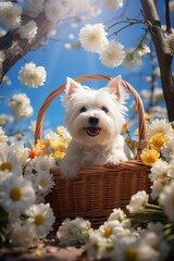 süßer west highland white terrier welpe sitzt in einem korb mit Blüten im Frühling