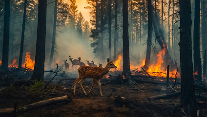 Fototapeta premium Deer forest fire, trees in smoke, flames emergency