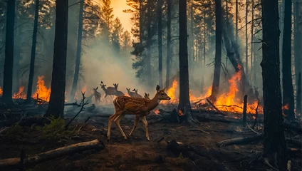  Deer forest fire, trees in smoke, flames emergency © tanya78