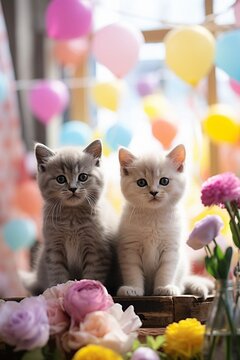 two domestic kitten with spring flowers and easter eggs