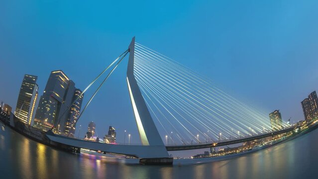 Rotterdam Netherlands time lapse, city skyline day to night at Erasmus Bridge