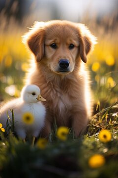 Cute puppy with duckling in spring in nature grass