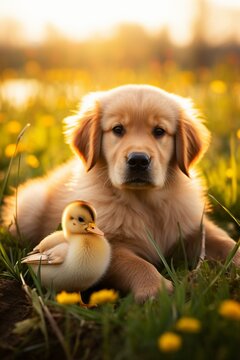 cute golden retriever puppy with cute duckling sitting in the meadow