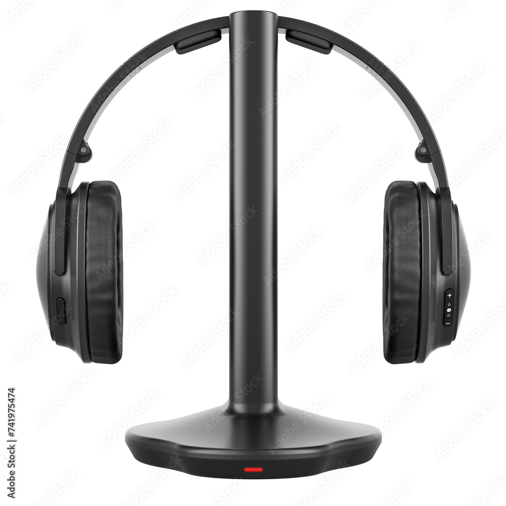 Poster wireless stereo headphone system, wireless headphone with transmitter. 3d rendering isolated on tran