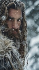 A man with long hair and a beard in the snow