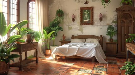 A bedroom with a bed and lots of potted plants