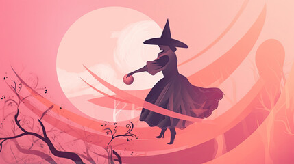 Illustration of a witch in halloween in light pink tones