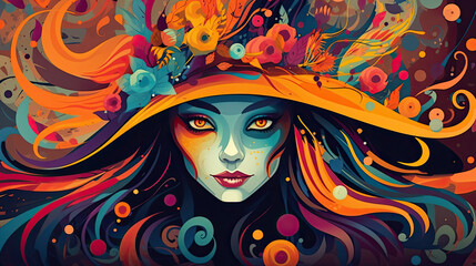 Illustration of a witch in halloween in colorful tones