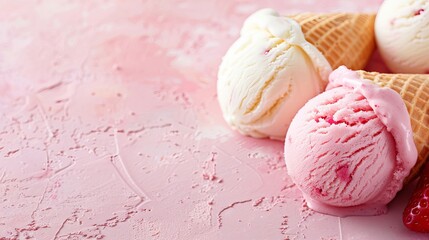 An ice cream cone featuring creamy vanilla and luscious strawberry flavors is set against a playful pink background, with ample copy space for additional text or design elements.