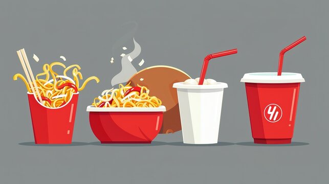 Naklejki Hot ready to eat noodle in red bowl, paper box and plastic cup with steam. Cartoon vector illustration set of asian food for lunch in dish and takeaway package. Traditional delicious oriental meal