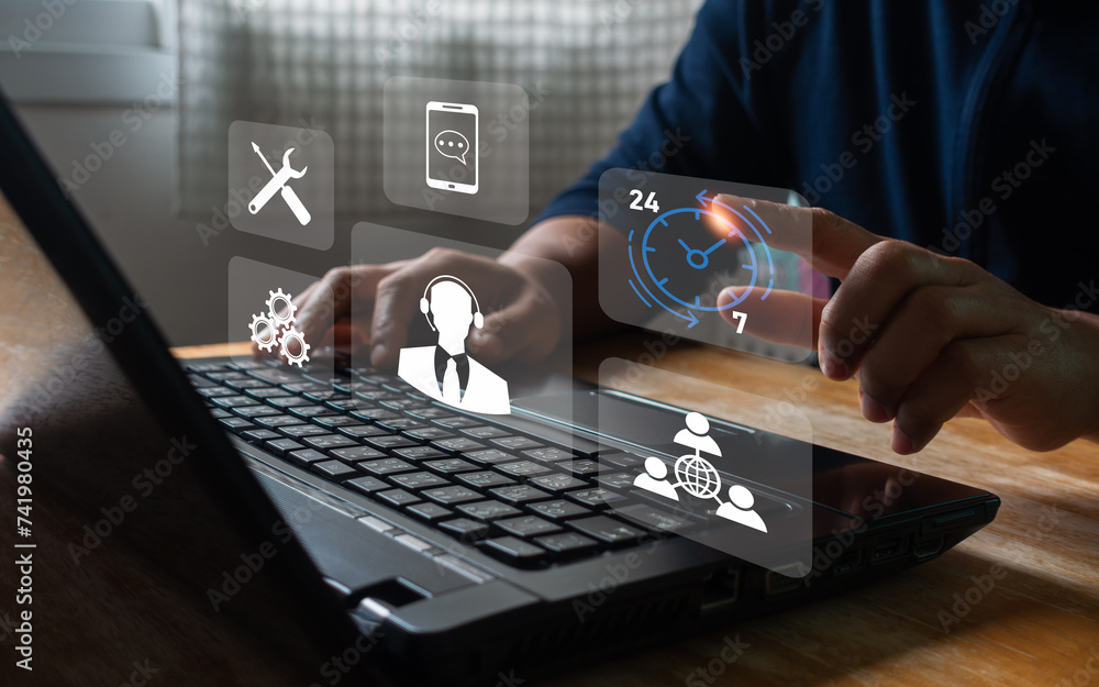 Poster technical support customer service tech concept. business people working on laptop computer using sm
