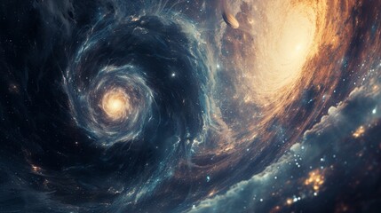 Cosmic voyage, celestial dance of space scene with swirling galaxy, nebula, and distant planet, power and energy of swirling galaxies and dark matter in space, glowing star fantastic background - obrazy, fototapety, plakaty