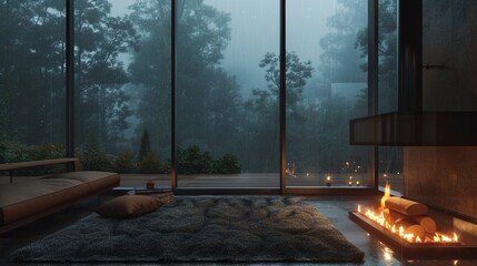 cozy fireplace with forest view and relaxing rainy ambience sounds