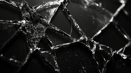 cracked glass object on black background, smashed glass texture, shards of broken glass on black wallpaper - obrazy, fototapety, plakaty