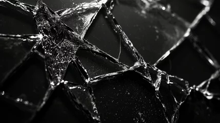 Fotobehang cracked glass object on black background, smashed glass texture, shards of broken glass on black wallpaper © Shami