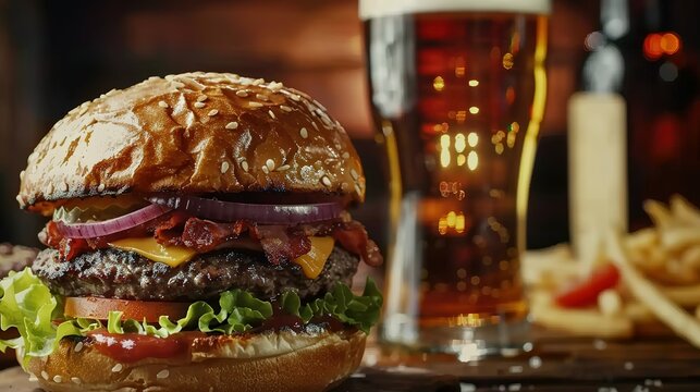 a big burger with beef and a glass of beer Discover the ultimate indulgence with this mouthwatering Adobe Stock collection featuring a big burger with beef paired perfectly with a glass of beer