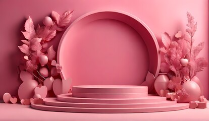 Generative AI Circle podium on pink scene Geometric background concept 3d render and illustration Pink podium display background for product. Symbols of love for Happy Women's, Mother's, Valentine's 

