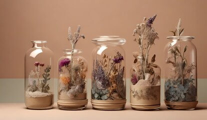 Generative AI Saint Petersburg. Russia. Siamese twins. an exhibit in the museum. Collection of Emperor Peter the Great Four jars of healthy dried herbs scattered over the background

