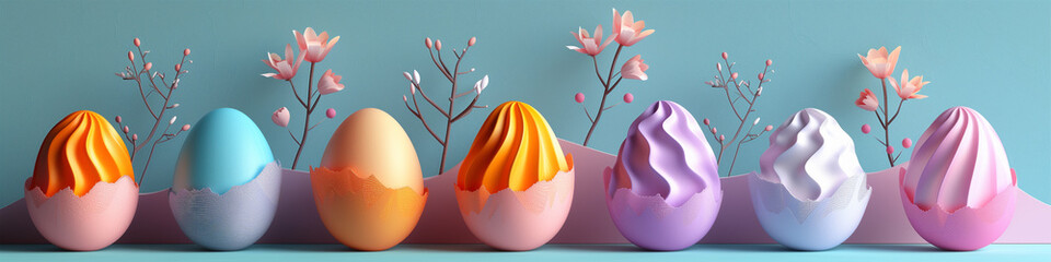 Colorful easter eggs with paper flowers on pastel background